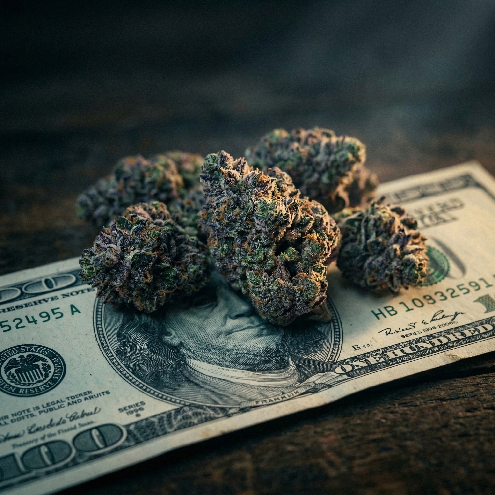 close up of THCA hemp flower buds on currency background
