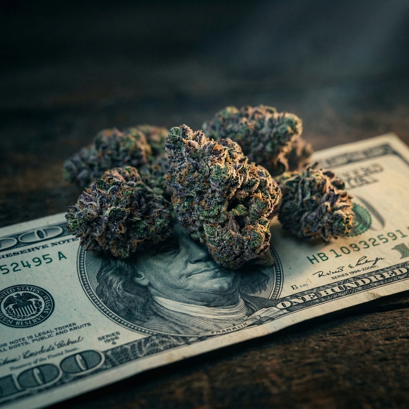 close up of THCA hemp flower buds on currency background